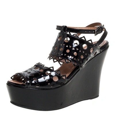 Pre-owned Alaïa Black Patent Leather Cutout Platform Wedge Slingback Sandals Size 35