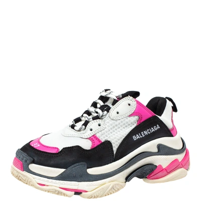 Pre-owned Balenciaga Pink/black Leather And Mesh Triple S Lace Up Sneakers Size 37