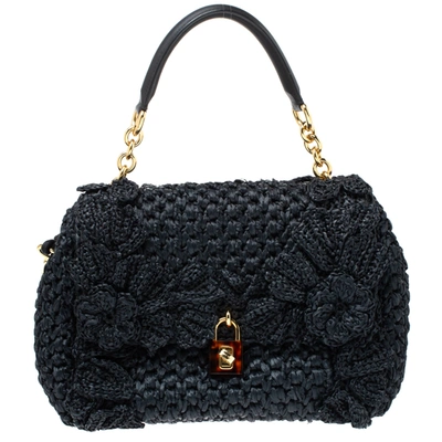 Pre-owned Dolce & Gabbana Black Crochet Straw And Leather Miss Dolce Top Handle Bag