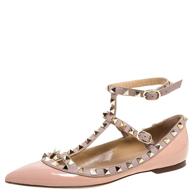 Pre-owned Valentino Garavani Pink Patent Leather Rockstud Ankle Strap Ballet Flats Size 36