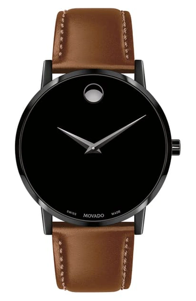 Shop Movado Leather Strap Watch, 40mm In Cognac/ Black