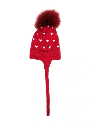 Shop Monnalisa Heart Knit Pompom Hat In Red