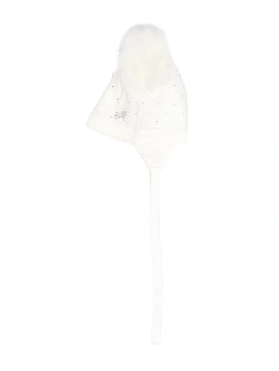 Shop Monnalisa Pompom Crystal Embellished Hat In White