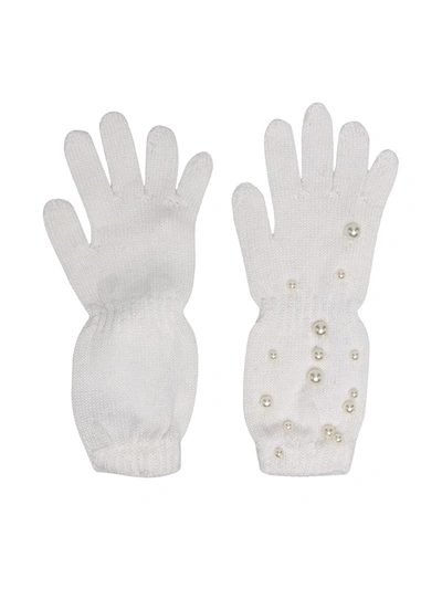 Shop Monnalisa Faux Pearl Embellished Gloves In Neutrals
