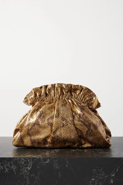 Shop Loeffler Randall Loretta Gathered Metallic Snake-effect Leather Clutch In Gold