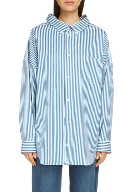Shop Balenciaga Stripe Logo Oversize Cotton Poplin Shirt In 9567-petrol Blue/ White
