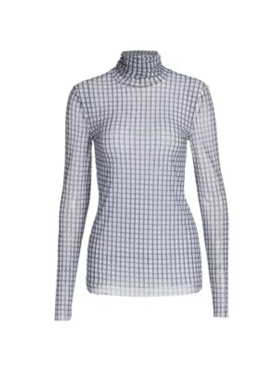 Shop Ganni Printed Mesh Turtleneck Long-sleeve Top In Heather Blue