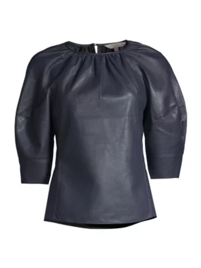 Shop Rebecca Taylor Vegan Leather Three-quarter Sleeve Top In Dark Navy
