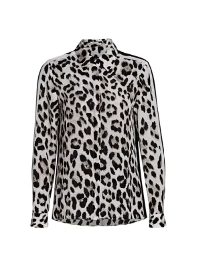 Shop Alice And Olivia Willa Placket Leopard Print Silk Blouse In Royal Leopard