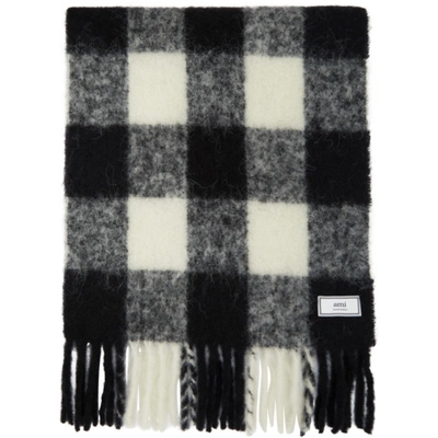 Shop Ami Alexandre Mattiussi White And Black Mohair Checkered Scarf In 151 Wht/blk