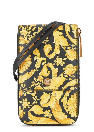 Shop Versace Baroque-print Leather Neck Pouch In Black