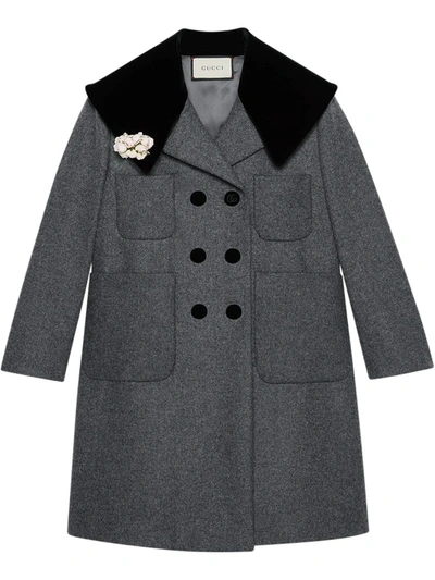 Shop Gucci Floral Brooch Detailed Wool Coat In Grey