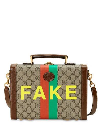 Shop Gucci 'fake/not' Print Shoulder Bag In Neutrals