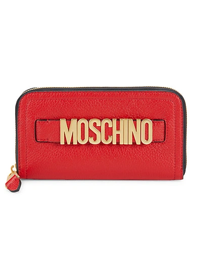 Shop Moschino Women's Logo Pebbled Leather Zip-around Long Wallet In Red