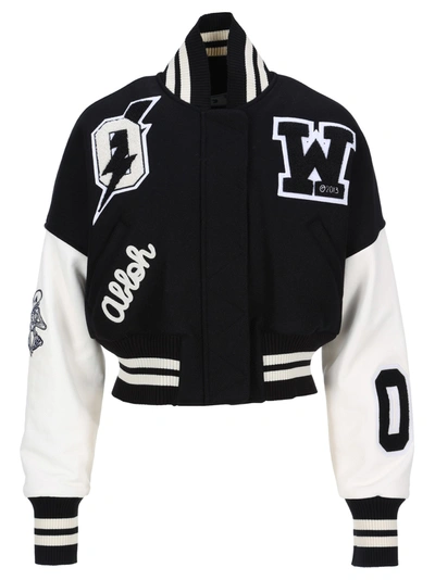 Shop Off-white Off White Cropped Bomber Jacket In White + Black