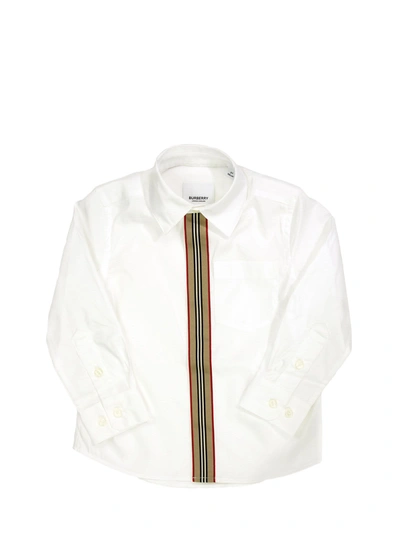 Shop Burberry Mini Siverton Icon Stripe Trim Stretch Cotton Shirt In White