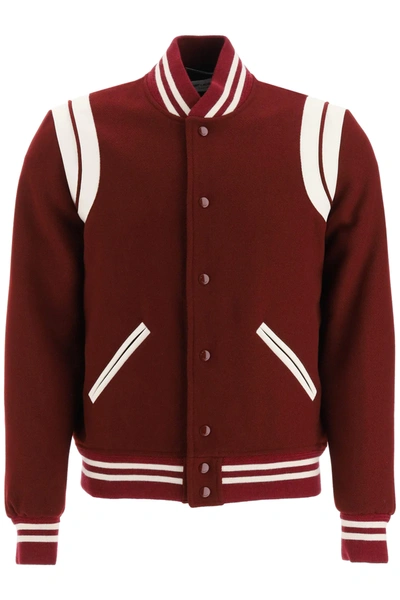 Shop Saint Laurent Teddy Bomber In Wool And Leather In Red,white