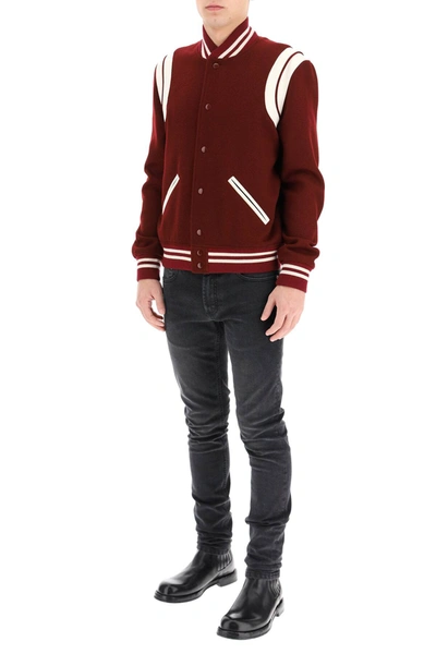 Shop Saint Laurent Teddy Bomber In Wool And Leather In Red,white