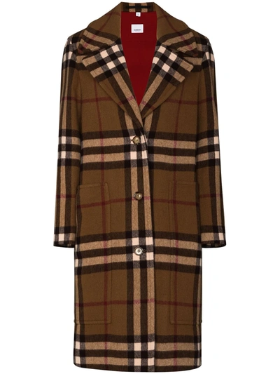 Shop Burberry Check Pattern Wool Midi Coat In Brown