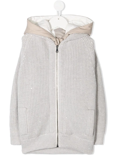 Shop Brunello Cucinelli Hooded Ribbed-knit Coat In Grey