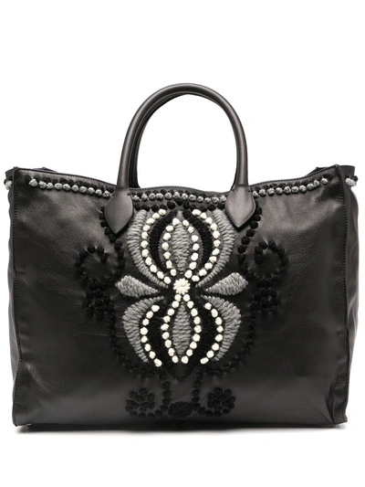 Shop Ermanno Scervino Embroidered Leather Tote Bag In Black
