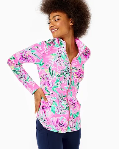 Shop Lilly Pulitzer Upf 50+ Leona Round Hem Zip-up In Cockatoo Pink Paws For A Cause