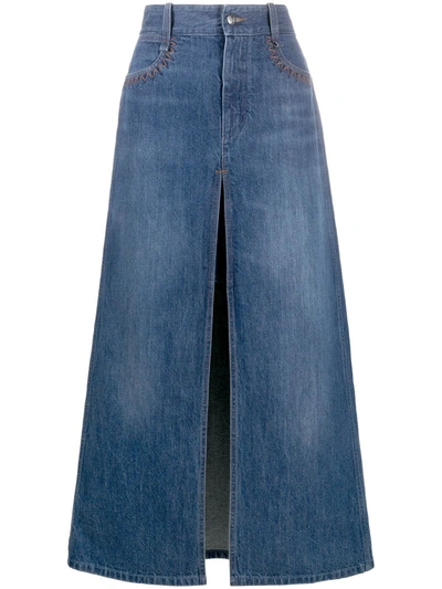 Shop Chloé Front Slit Denim Skirt In Blue