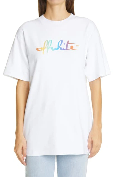Shop Off-white Rainbow Script Logo Cotton Graphic Tee In White Multicolor