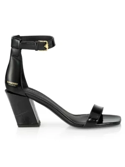 Shop Burberry Pirmont Croc-embossed Angular Heel Sandals In Black