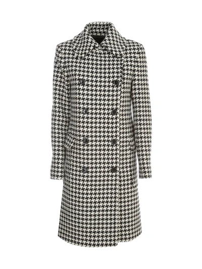 Shop Love Moschino Double Breasted Coat Pied De Poule Martingala On Back In Pied De Poule Bianco Nero