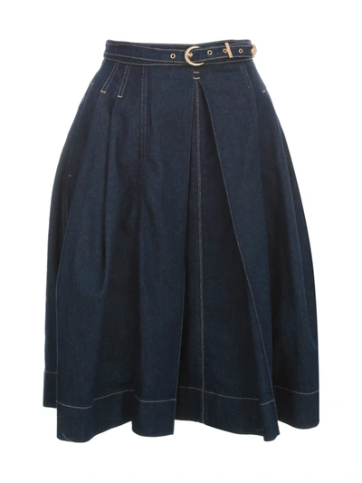 Shop Versace Jeans Couture Pleated Denim Skirt W/belt In Indigo