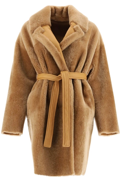 Shop Blancha Reversible Shearling Coat In Camel (brown)