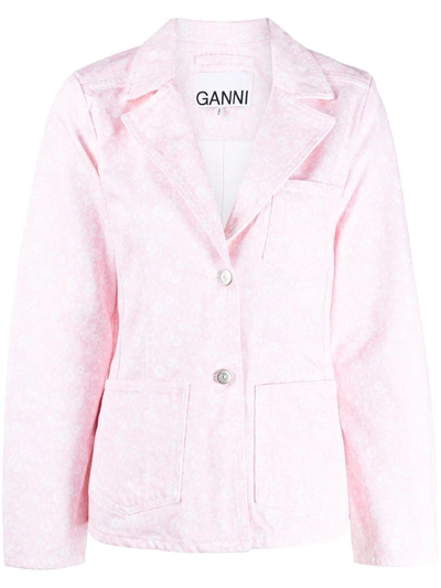 Ganni Floral Denim Jacket in Pink