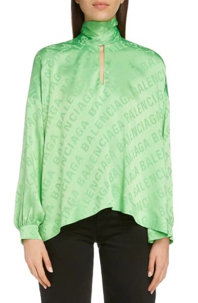 Shop Balenciaga Vareuse Tonal Logo Jacquard Silk Blouse In 3076-apple Green