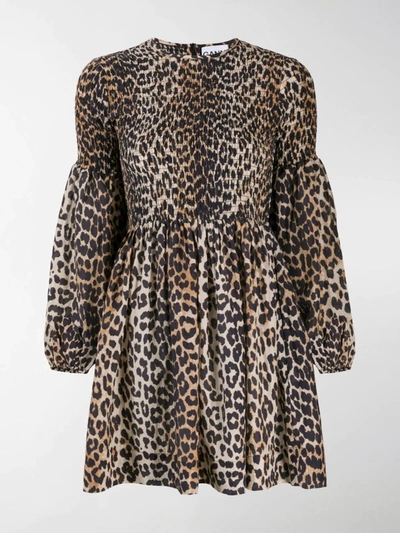 Shop Ganni Leopard Print Long-sleeve Dress In Brown