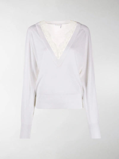 Shop Chloé Lace-embellished V-neck Top In White