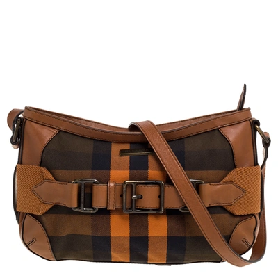 Pre-owned Burberry Brown/orange Check Canvas And Leather Belted Crossbody Bag
