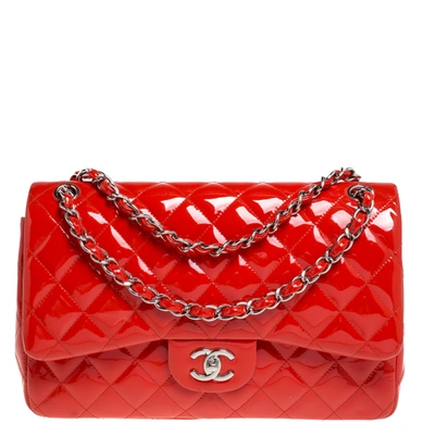Pre-owned Chanel Orange Quilted Patent Leather Jumbo Classic Double Flap Bag