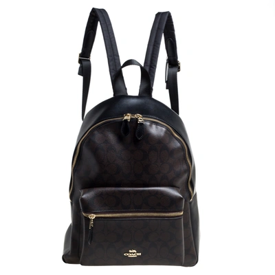 Pre-owned Coach Brown/black Signature Coated Canvas And Leather Charlie Backpack