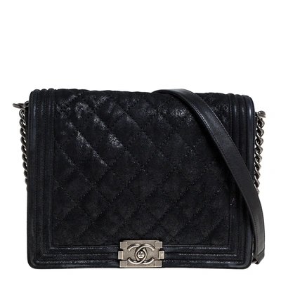 Pre-owned Chanel Black Quilted Crackled Nubuck Leather Large Boy Bag