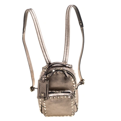 Pre-owned Valentino Garavani Metallic Light Brown Leather Mini Rockstud Backpack