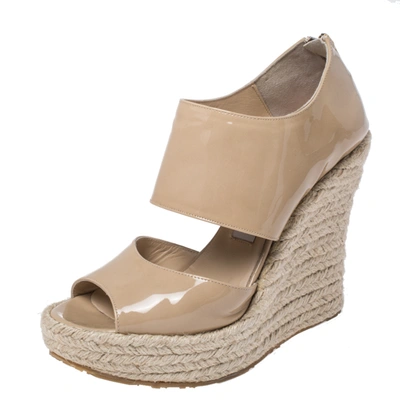 Pre-owned Jimmy Choo Beige Patent Patriot Espadrille Wedge Cut Out Booties Size 38.5