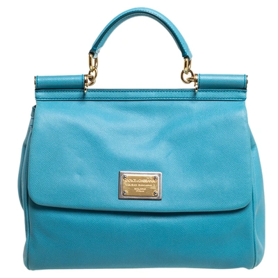 Pre-owned Dolce & Gabbana Light Blue Leather Large Miss Sicily Top Handle Bag