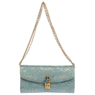 Pre-owned Dolce & Gabbana Light Blue Lace And Satin Padlock Chain Clutch