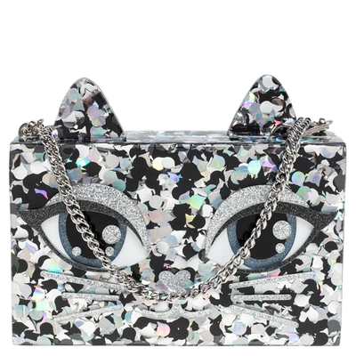 Pre-owned Karl Lagerfeld Black/silver Glitter Acrylic Choupette Minaudiere Chain Box Clutch