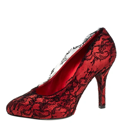 Pre-owned Dolce & Gabbana Red/black Satin And Lace D'orsay Pumps Size 38