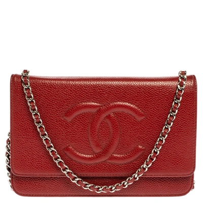 Pre-owned Chanel Red Caviar Leather Cc Timeless Wallet On Chain