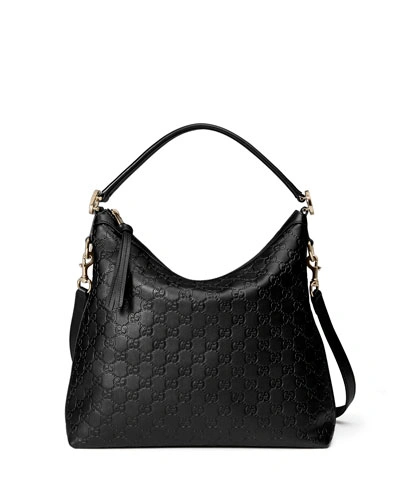 Gucci Linea A Hobo Embossed Leather Shoulder Bag In Black