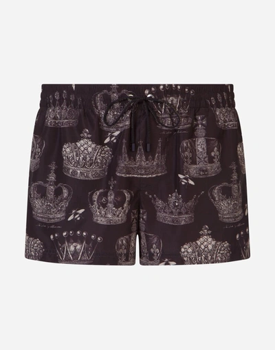 Shop Dolce & Gabbana Short Swim Trunks With Crown Print In Multicolor