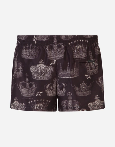 Shop Dolce & Gabbana Short Swim Trunks With Crown Print In Multicolor